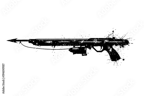Black and white illustration of a crossbow pistol with arrow and paint splatters on white background for design and print