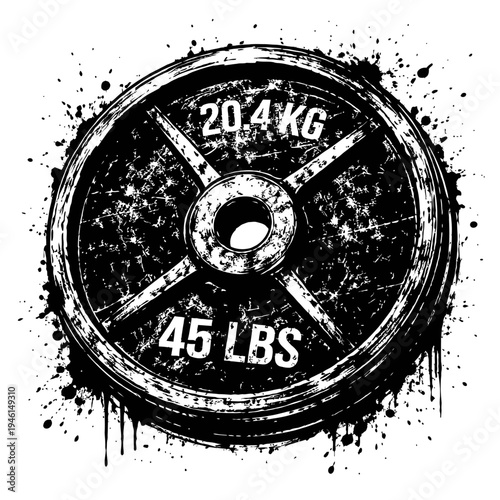 Grunge-style weight plate with 20.4 kg and 45 lbs text, fitness and workout concept