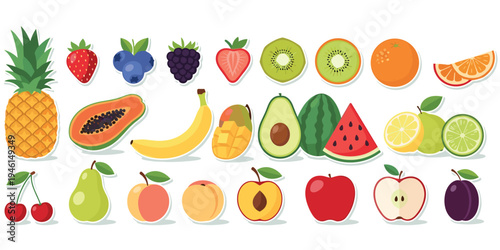 Fruit assortment illustration, colorful tropical and seasonal fruits pineapple strawberry mango avocado watermelon apple pear, food design vector artwork