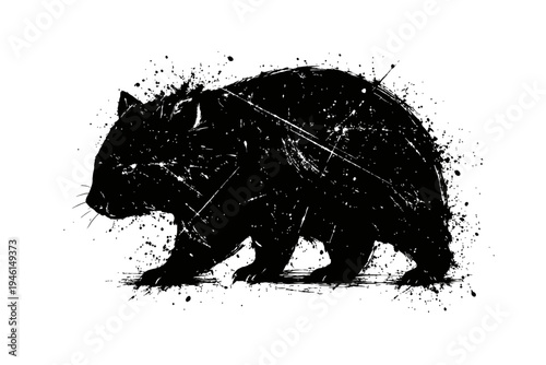 Black silhouette of a rodent with paint splatters on white background, grunge style illustration of a mouse or rat