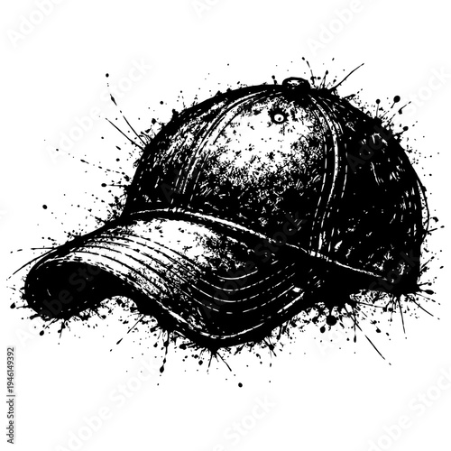 Black and white illustration of a baseball cap with paint splatters around it on a white background