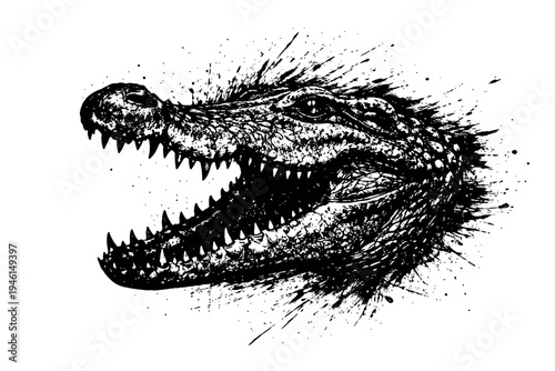 A black and white illustration of a crocodile's head with its mouth open showing sharp teeth on a white background.