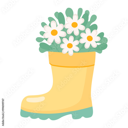 Yellow Rain Boot With Daisy Flowers Spring Vector Illustration