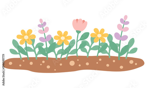 Garden Flower Bed With Blooming Spring Plants Vector Illustration
