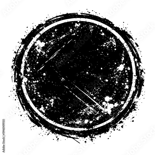 Black and white grungy circle with diagonal line through it, symbolizing prohibition or rejection on a white background