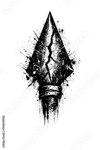Black and white illustration of a broken arrowhead with paint splatters on a white background, symbolizing conflict and chaos