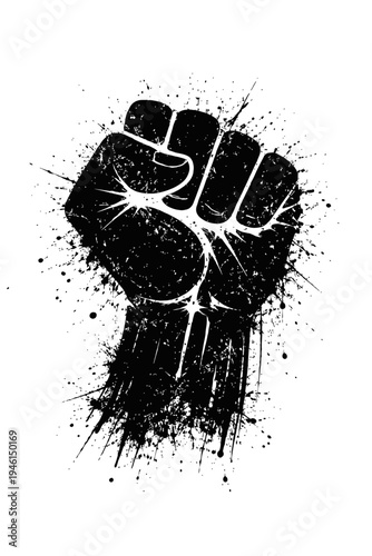 A powerful black clenched fist with paint splatters on white background, symbolizing strength and resistance