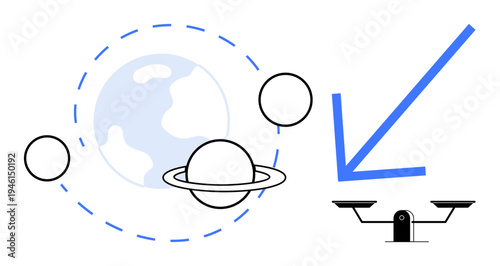 Space exploration, future technologies, planetary studies, innovation, quadcopter applications, satellite design. Planet with rings and nearby spheres, Quadcopter and arrow. Space exploration