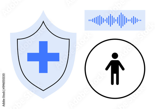 Health protection concept. Visualizing health security with a shield icon, human figure, and audio wave. Health combines safety, technology, and biometric innovation. For medicine, technology