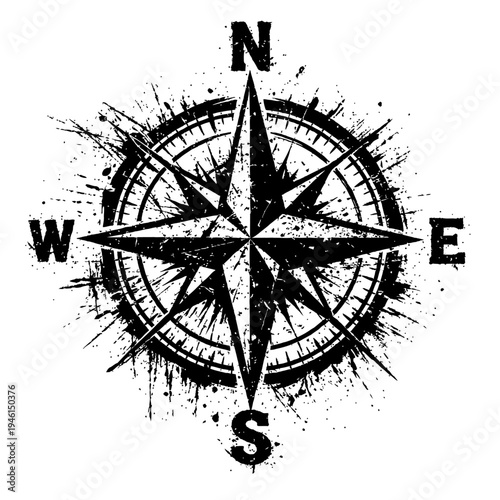 Vintage black compass rose symbol with grunge effect on white background for navigation and direction