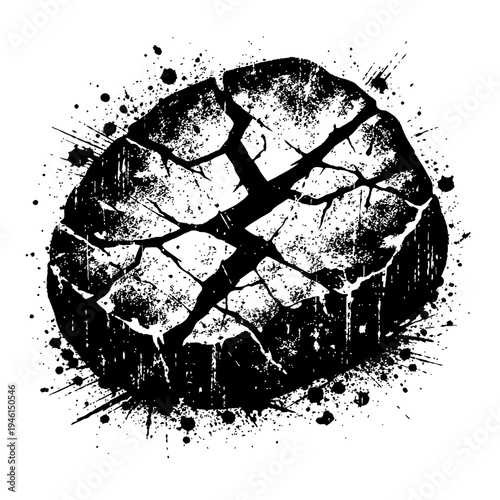 Black and white cracked circle with paint splatters on white background, grunge texture, abstract design element