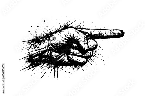 A pointing hand with a dynamic black ink splatter effect on white background, indicating direction or accusation in a bold artistic style.