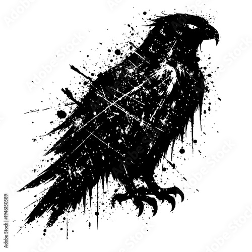 A black silhouette of an eagle with paint splatters on white background, grunge style illustration of a bird of prey