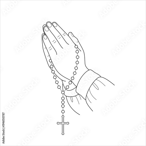 Złożone dłonie z różańcem i krzyżem. Dłonie w geście modlitwy trzymające różaniec. Grafika do projektów religijnych, zaproszeń na komunię, bierzmowanie oraz materiałów dewocjonalnych.