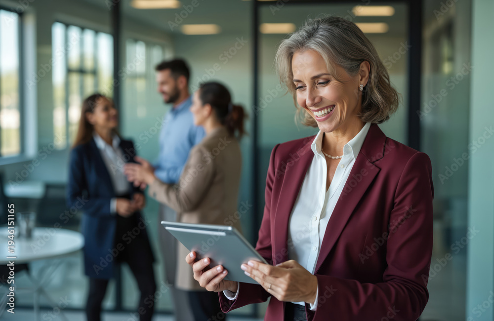 Fototapeta premium Mature businesswoman smiles holding tablet in office. Colleagues talk in background, office interior. Woman uses digital device for work. Busy work environment, professional setting.
