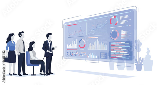 Vector illustration of business people analyzing data on a large screen
