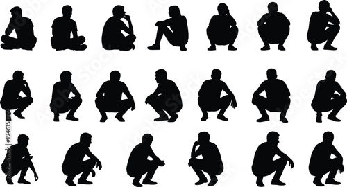 Set of Vector Silhouettes Featuring People Crouching and Sitting in Various Poses for Architectural Visualization Graphic Design Projects and Minimalist Illustration Composition Elements