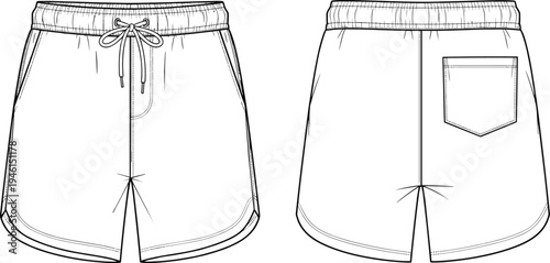 Mens Casual Athletic Shorts Technical Flat Sketch Vector Template with Elastic Waistband Drawstring Side Pockets and Back Pocket for Apparel Design Tech Pack