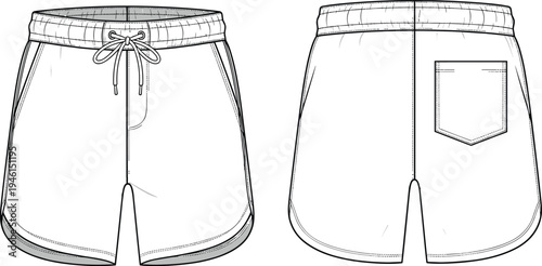 A flat vector technical drawing of men's casual shorts with a drawstring waist and back pocket shown from the front and back views.