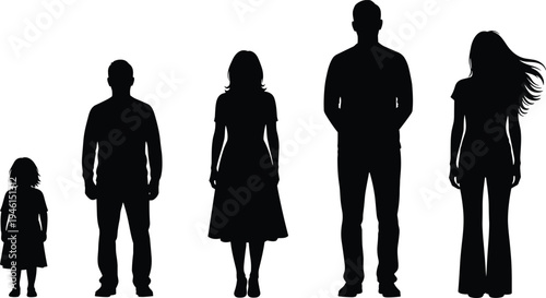 Black silhouettes of a diverse family including a child, man, and women standing in a row on a white background for conceptual graphic design.