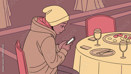 A cartoon boy sits at an elegant dining table, oblivious to his surroundings as he stares at his cell phone, with plates and glasses blurred in the background.