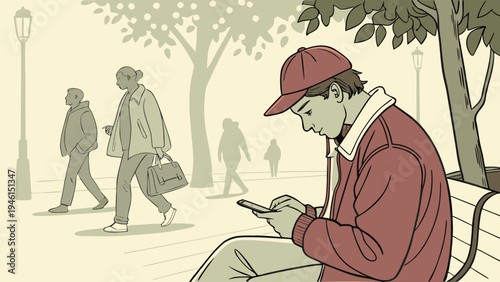 A hyper-realistic cartoon boy sits on a park bench, staring intently at his smartphone.