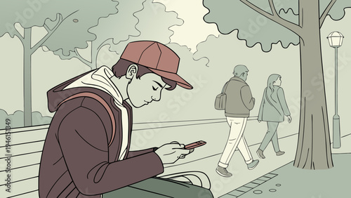 A hyper-realistic cartoon boy sits on a park bench, staring intently at his smartphone.