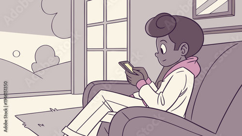Cartoon boy sitting on a large sofa in a contemporary living room, holding his cell phone with both hands, face.
