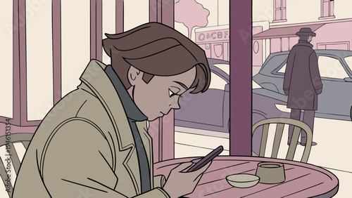 Cartoon boy at a street café table, staring intently at his cell phone, close-up of his face, people and cars blurred in the background.