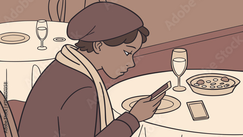 A cartoon boy sits at an elegant dining table, oblivious to his surroundings as he stares at his cell phone, with plates and glasses blurred in the background.
