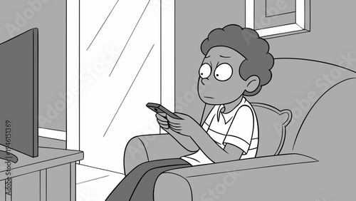 Cartoon boy sitting on a large sofa in a contemporary living room, holding his cell phone with both hands, face.