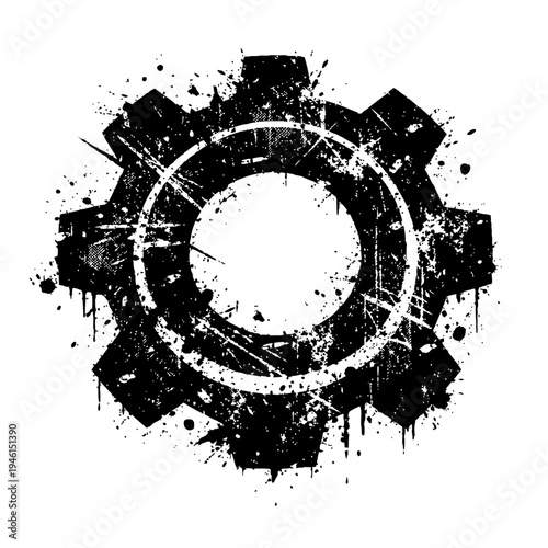 Black and white gear icon with grunge effect and paint splatters for industrial or mechanical concepts