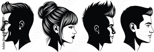 Silhouette Profile of Professional Business Man and Woman Sitting in Modern Office Chairs Side View Isolated on White Background for Corporate Interview Job Concept