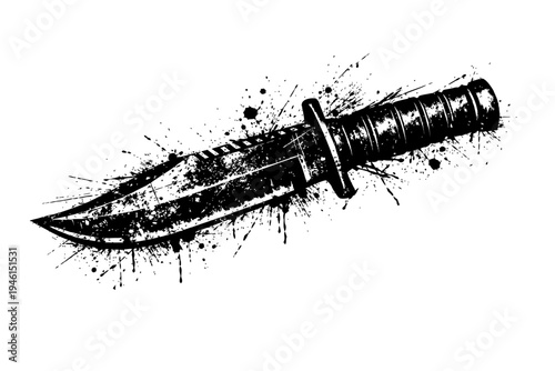 A black and white illustration of a knife with a blood splatter effect on a white background, symbolizing violence and danger.