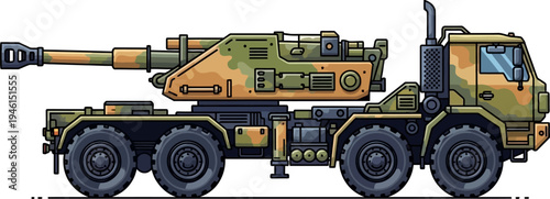 Camouflaged truck-mounted howitzer for mobile support