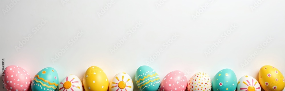 Fototapeta premium Row of colorful painted Easter eggs arranged on white surface. Decorative eggs feature varied patterns like dots and stripes. Empty space above for text messages, event details or promotions.