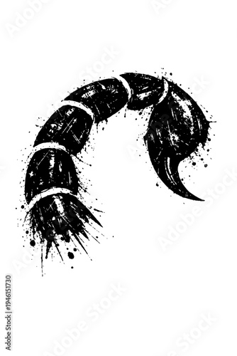 Ink-style illustration of a scorpion tail with a menacing stinger on white background