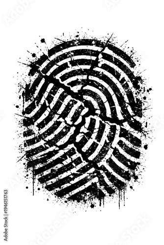 A grungy fingerprint with paint splatters on a white background, forensic evidence concept