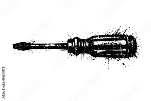 A black and white illustration of a screwdriver with a grunge effect, isolated on a white background for DIY and tool concepts