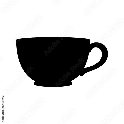 A single black ceramic coffee mug and saucer are isolated on a white background, featuring a closeup of the empty porcelain object perfect for a hot cafe espresso or breakfast beverage