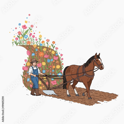 Farmer plowing a field with a horse, creating a path of blooming flowers.
