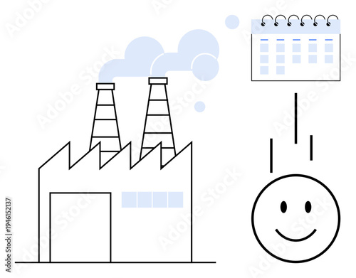 Industrial workflow concept. Factory linked to calendar and positive results highlighting effective production scheduling. Industrial workflow improves productivity and results. For manufacturing
