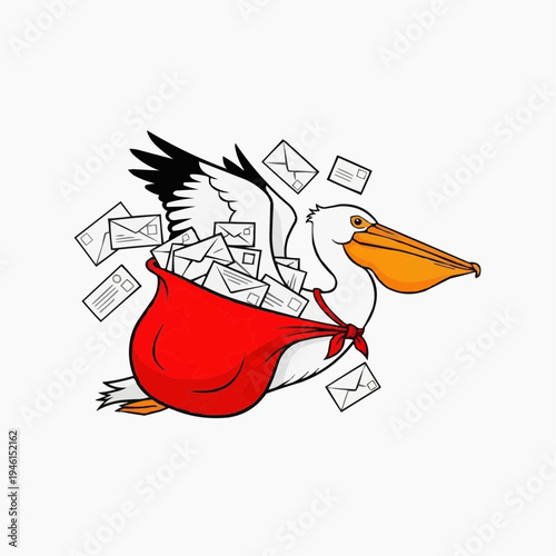 Pelican flying with red mailbag full of letters, postal service delivery