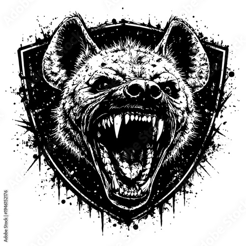 Black and white illustration of a snarling hyena head with sharp teeth on a shield background with paint splatters