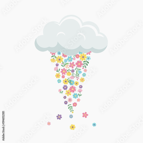 Cloud raining colorful flowers, spring weather, blooming nature concept