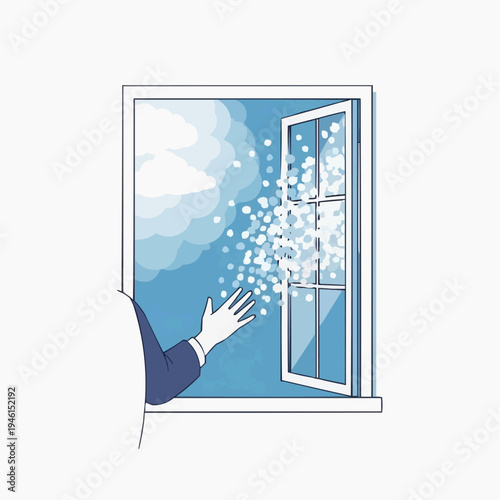 Hand reaching out window to catch falling snowflakes, winter or spring transition