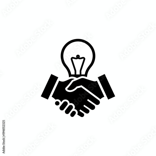 Business partnership icon representing collaboration and innovation with a handshake and lightbulb