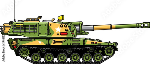 Green tracked self propelled howitzer with white star