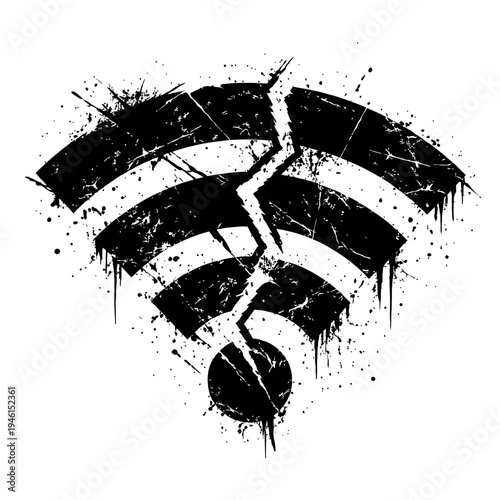 Grunge-style WiFi symbol with cracks and paint splatters on white background, representing disrupted internet connection