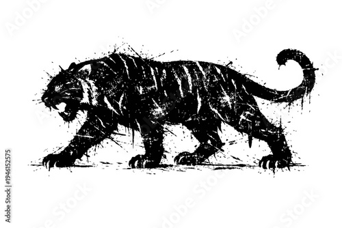 A black and white illustration of a tiger walking with a grunge effect, showcasing its powerful physique and fierce expression.